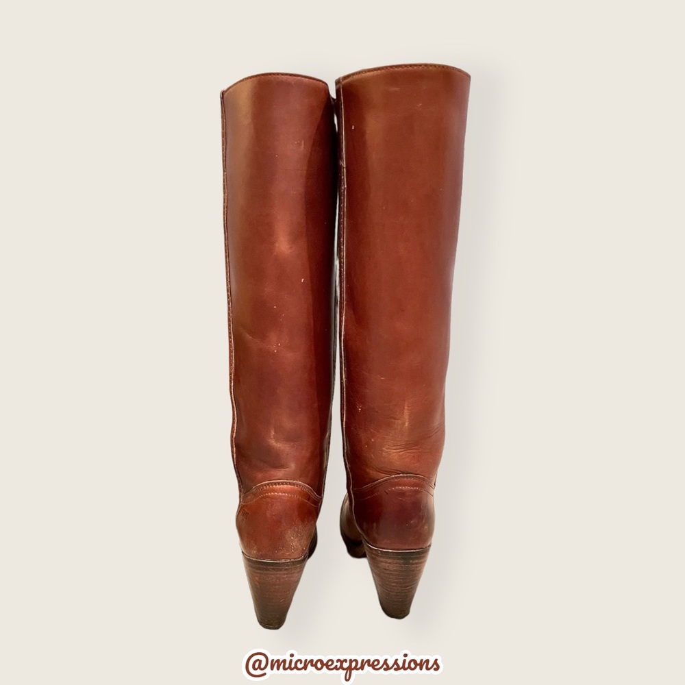 VINTAGE 1960’s Frye Real Leather Cognac Black Label Knee High Tall Heeled Boot - Picture 13 of 14